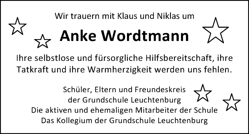  Traueranzeige für Anke Wordtmann vom 15.05.2014 aus Nordwest-Zeitung