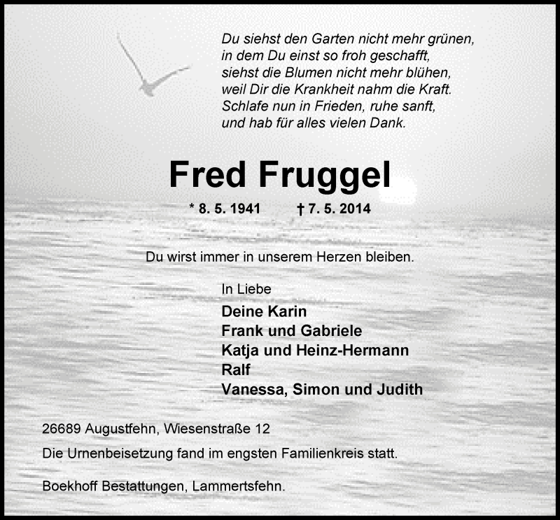  Traueranzeige für Fred Fruggel vom 17.05.2014 aus Nordwest-Zeitung