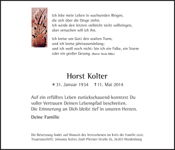 Traueranzeige von Horst Kolter von Nordwest-Zeitung