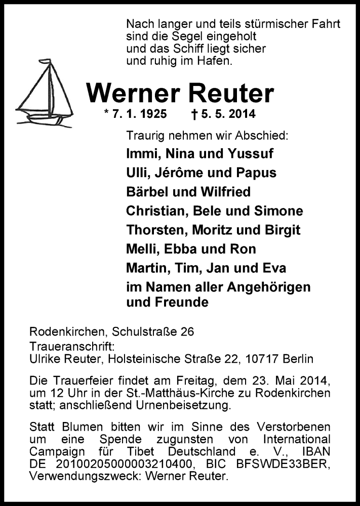  Traueranzeige für Werner Reuter vom 17.05.2014 aus Nordwest-Zeitung