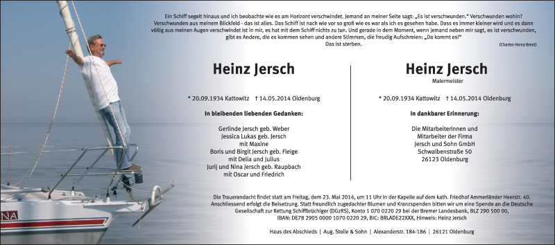  Traueranzeige für Gerlinde Jersch vom 17.05.2014 aus Nordwest-Zeitung