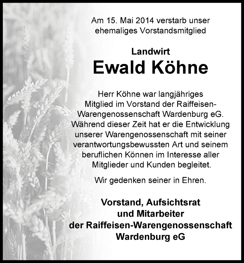  Traueranzeige für Ewald Köhne vom 19.05.2014 aus Nordwest-Zeitung