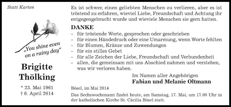  Traueranzeige für Brigitte Thölking vom 17.05.2014 aus Nordwest-Zeitung