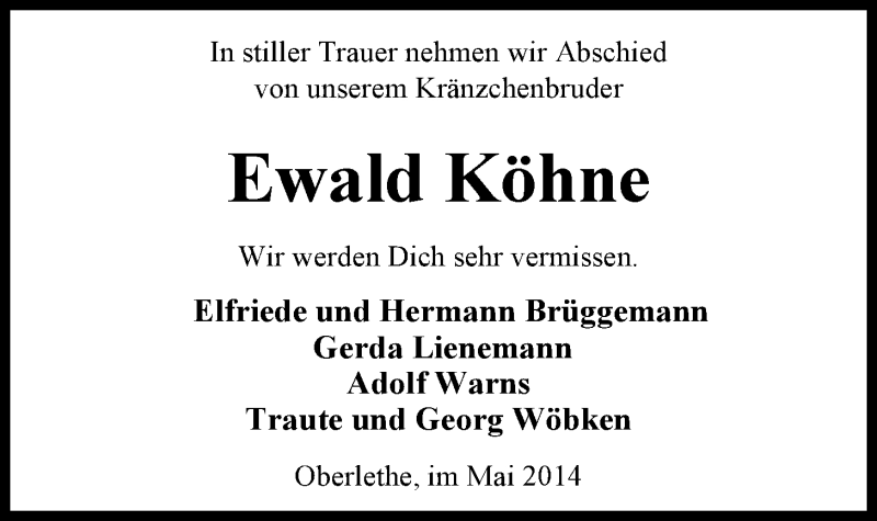  Traueranzeige für Ewald Köhne vom 19.05.2014 aus Nordwest-Zeitung