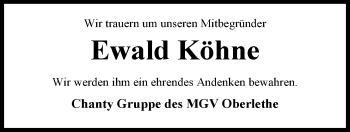 Traueranzeige von Ewald Köhne von Nordwest-Zeitung