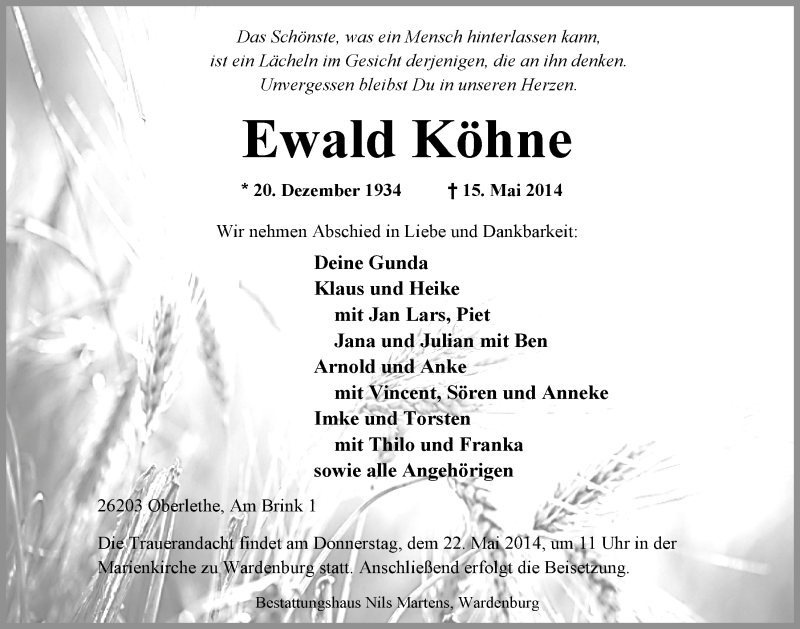  Traueranzeige für Ewald Köhne vom 19.05.2014 aus Nordwest-Zeitung