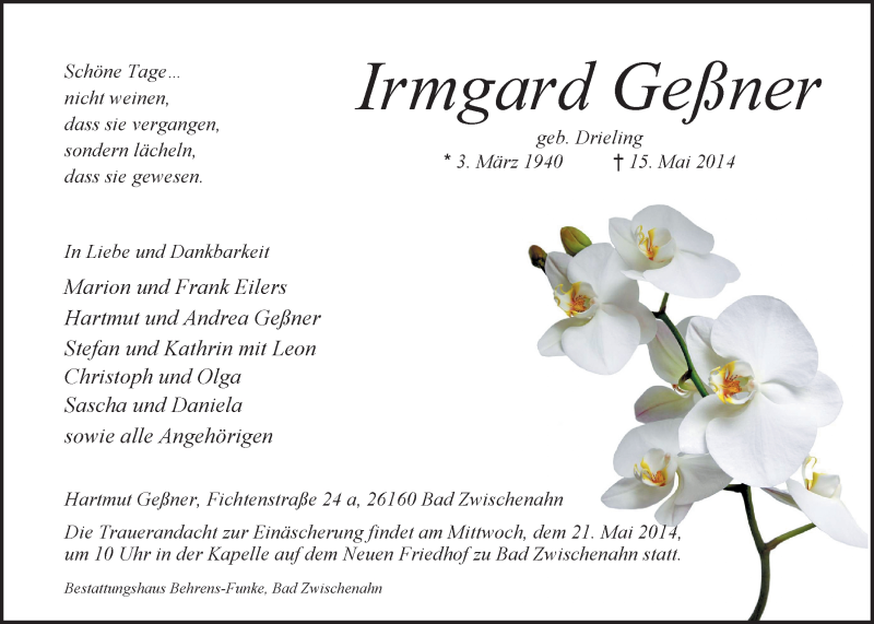  Traueranzeige für Irmgard Geßner vom 19.05.2014 aus Nordwest-Zeitung