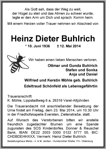Traueranzeige von Heinz Dieter Buhlrich von Nordwest-Zeitung
