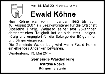 Traueranzeige von Ewald Köhne von Nordwest-Zeitung