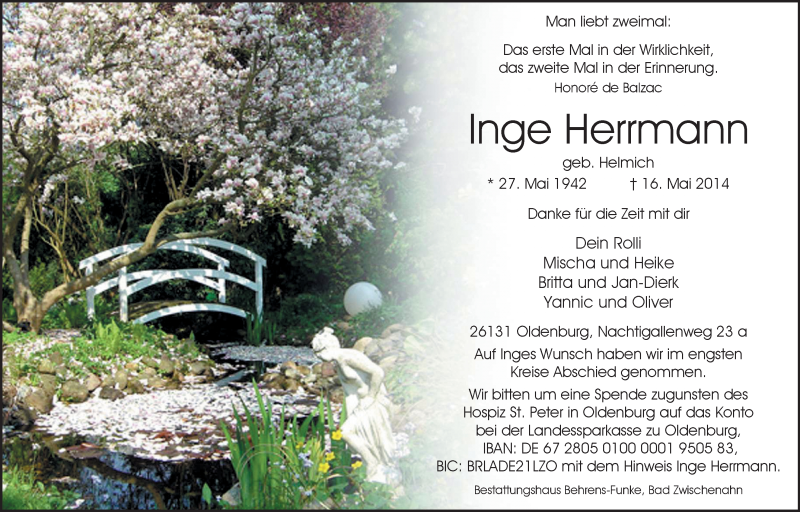  Traueranzeige für Inge Herrmann vom 21.05.2014 aus Nordwest-Zeitung