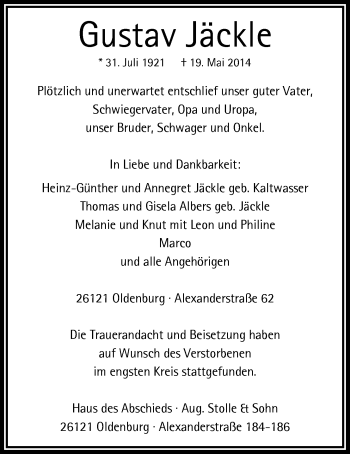 Traueranzeige von Gustav Jäckle von Nordwest-Zeitung