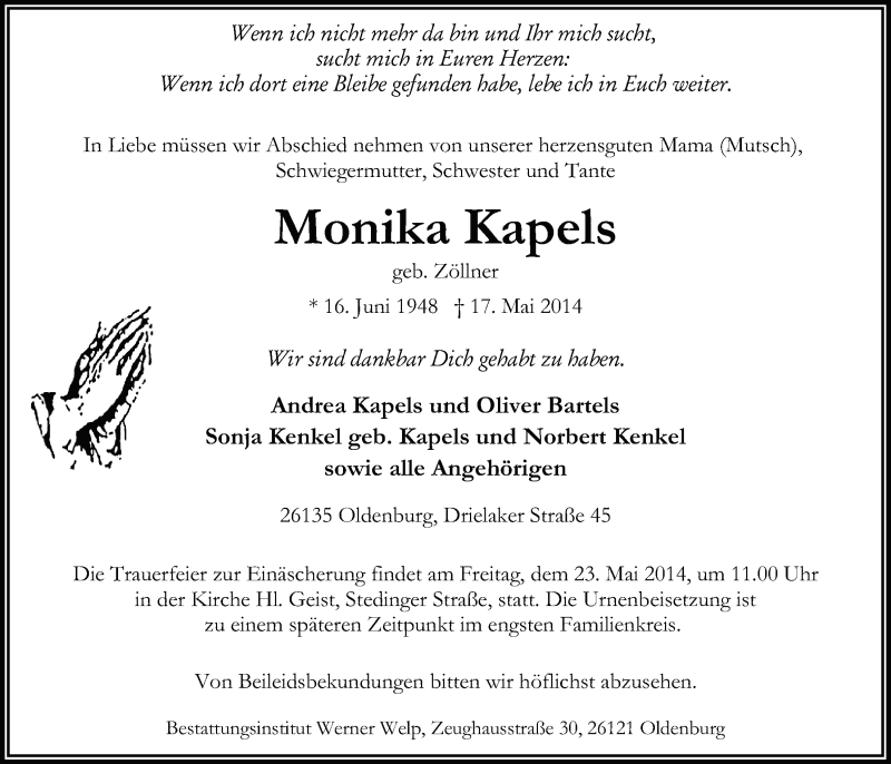  Traueranzeige für Monika  Kapels vom 21.05.2014 aus Nordwest-Zeitung