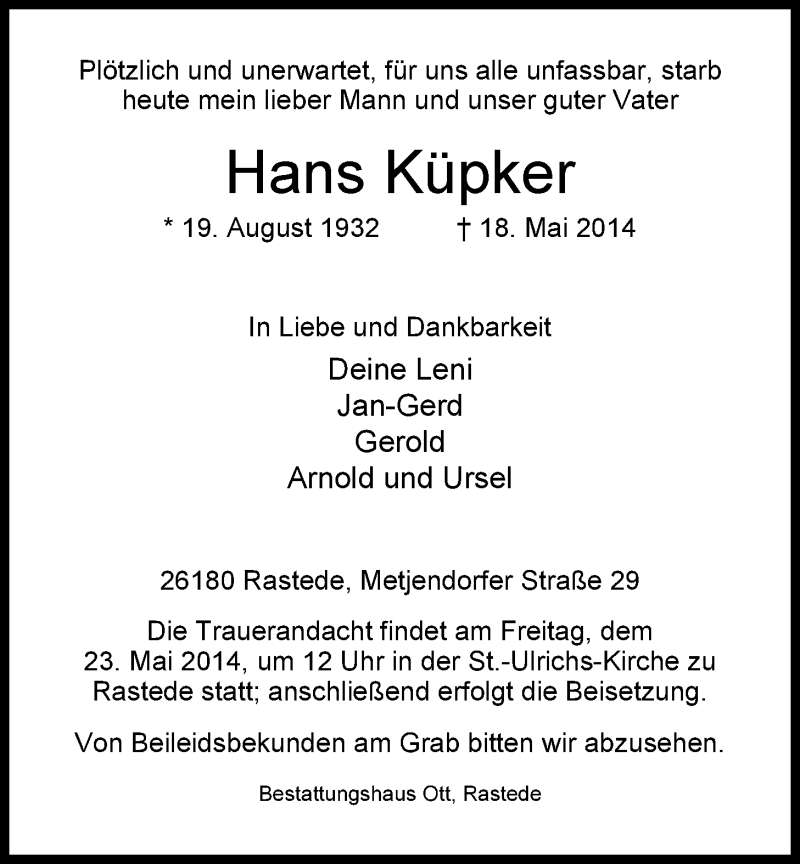  Traueranzeige für Hans Küpker vom 21.05.2014 aus Nordwest-Zeitung