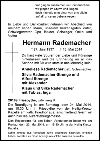 Traueranzeige von Hermann Rademacher von Nordwest-Zeitung