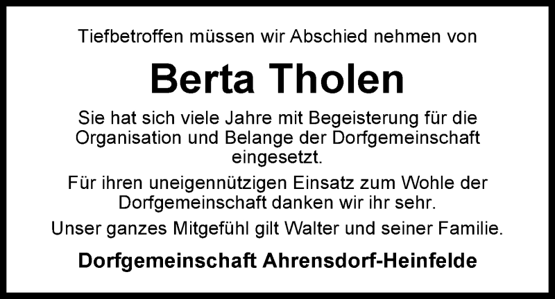  Traueranzeige für Berta Tholen vom 21.05.2014 aus Nordwest-Zeitung