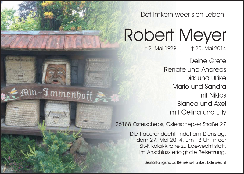  Traueranzeige für Robert Meyer vom 22.05.2014 aus Nordwest-Zeitung