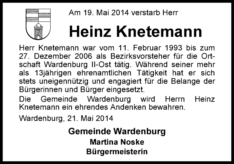  Traueranzeige für Heinz Knetemann vom 22.05.2014 aus Nordwest-Zeitung