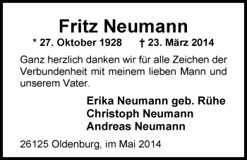 Traueranzeige von Fritz Neumann von Nordwest-Zeitung