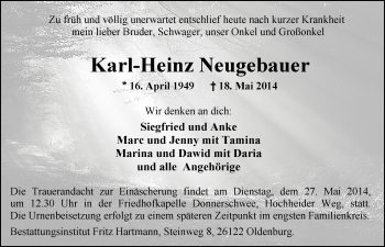 Traueranzeige von Karl-Heinz Neugebauer von Nordwest-Zeitung