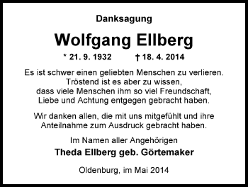 Traueranzeige von Wolfgang Ellberg von Nordwest-Zeitung