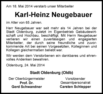 Traueranzeige von Karl-Heinz Neugebauer von Nordwest-Zeitung