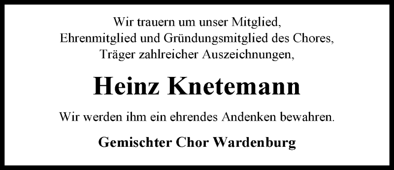  Traueranzeige für Heinz Knetemann vom 22.05.2014 aus Nordwest-Zeitung