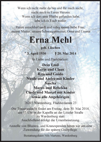 Traueranzeige von Erna Mehl von Nordwest-Zeitung