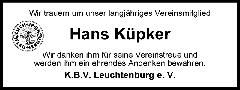  Traueranzeige für Hans Küpker vom 23.05.2014 aus Nordwest-Zeitung