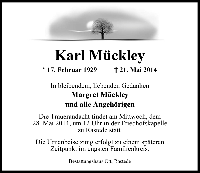  Traueranzeige für Karl Mückley vom 24.05.2014 aus Nordwest-Zeitung