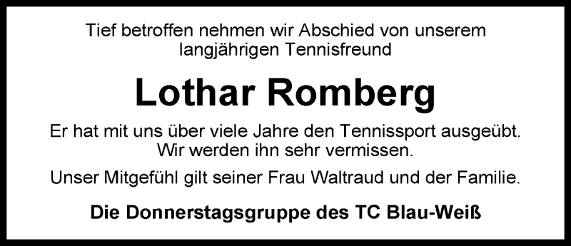  Traueranzeige für Lothar Romberg vom 24.05.2014 aus Nordwest-Zeitung