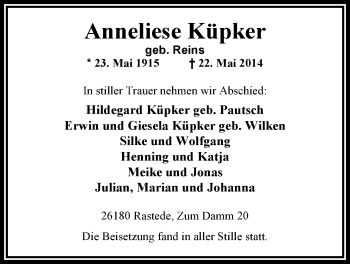 Traueranzeige von Anneliese Küpker von Nordwest-Zeitung