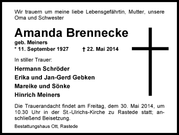 Traueranzeige von Amanda Brennecke von Nordwest-Zeitung