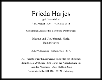 Traueranzeige von Frieda Harjes von Nordwest-Zeitung