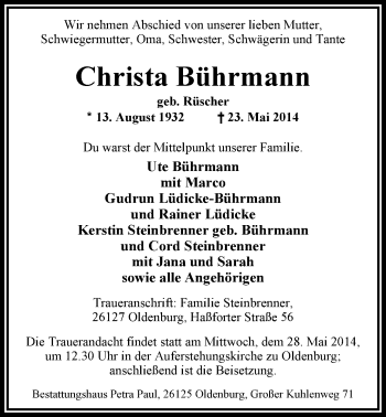 Traueranzeige von Christa Bührmann von Nordwest-Zeitung