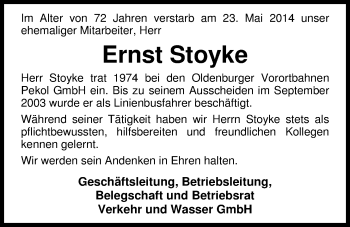 Traueranzeige von Ernst Stoyke von Nordwest-Zeitung
