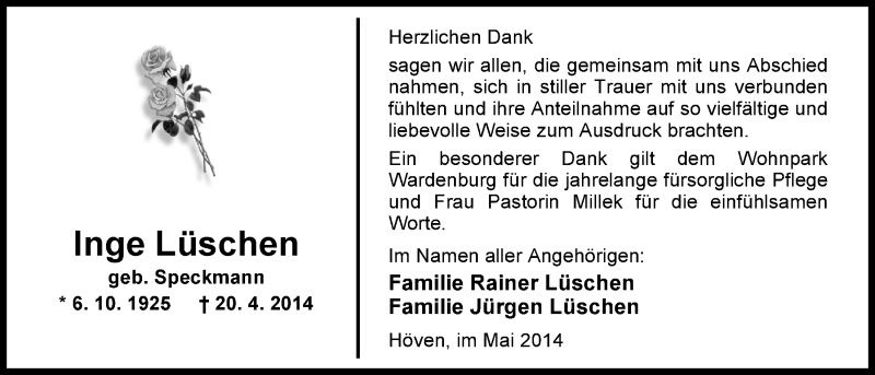  Traueranzeige für Inge Lüschen vom 31.05.2014 aus Nordwest-Zeitung