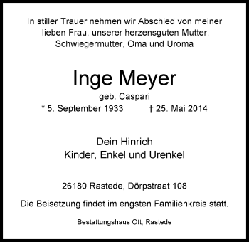Traueranzeige von Inge Meyer von Nordwest-Zeitung