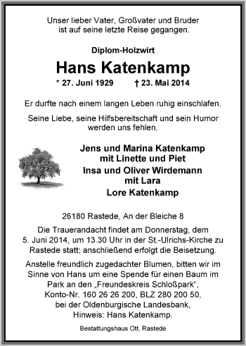 Traueranzeige von Hans Katenkamp von Nordwest-Zeitung