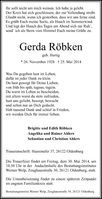 Traueranzeige von Gerda Röbken von Nordwest-Zeitung