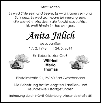Traueranzeige von Anita Jülich von Nordwest-Zeitung