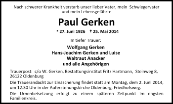 Traueranzeige von Paul Gerken von Nordwest-Zeitung