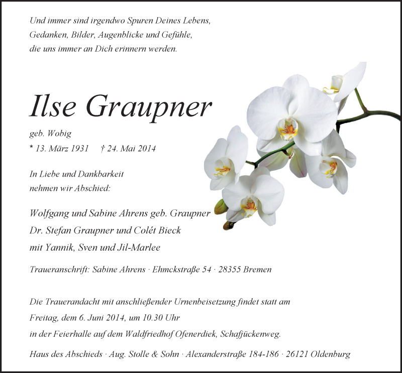 Traueranzeige für Ilse Graupner vom 31.05.2014 aus Nordwest-Zeitung