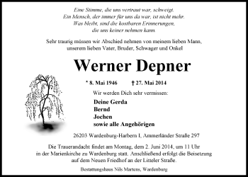 Traueranzeige von Werner Depner von Nordwest-Zeitung