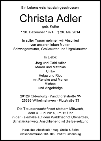 Traueranzeige von Christa Adler von Nordwest-Zeitung