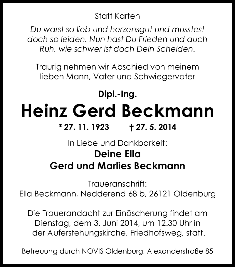  Traueranzeige für Heinz Gerd Beckmann vom 31.05.2014 aus Nordwest-Zeitung