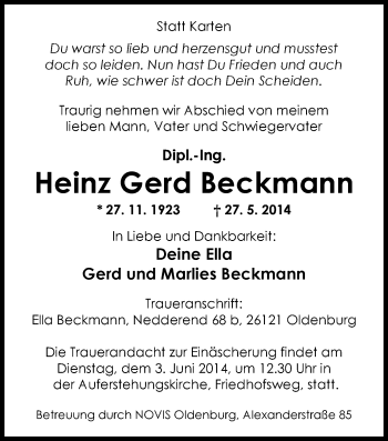 Traueranzeige von Heinz Gerd Beckmann von Nordwest-Zeitung