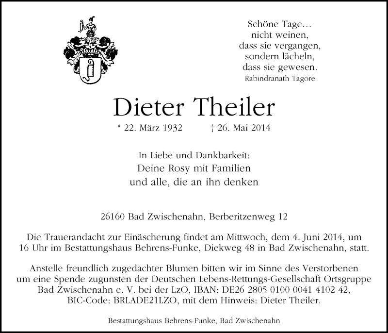  Traueranzeige für Dieter Theiler vom 31.05.2014 aus Nordwest-Zeitung