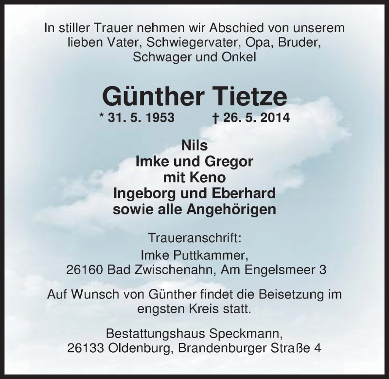  Traueranzeige für Günther Tietze vom 31.05.2014 aus Nordwest-Zeitung