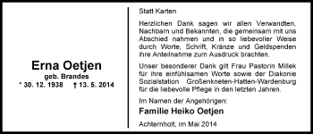 Traueranzeige von Erna Oetjen von Nordwest-Zeitung