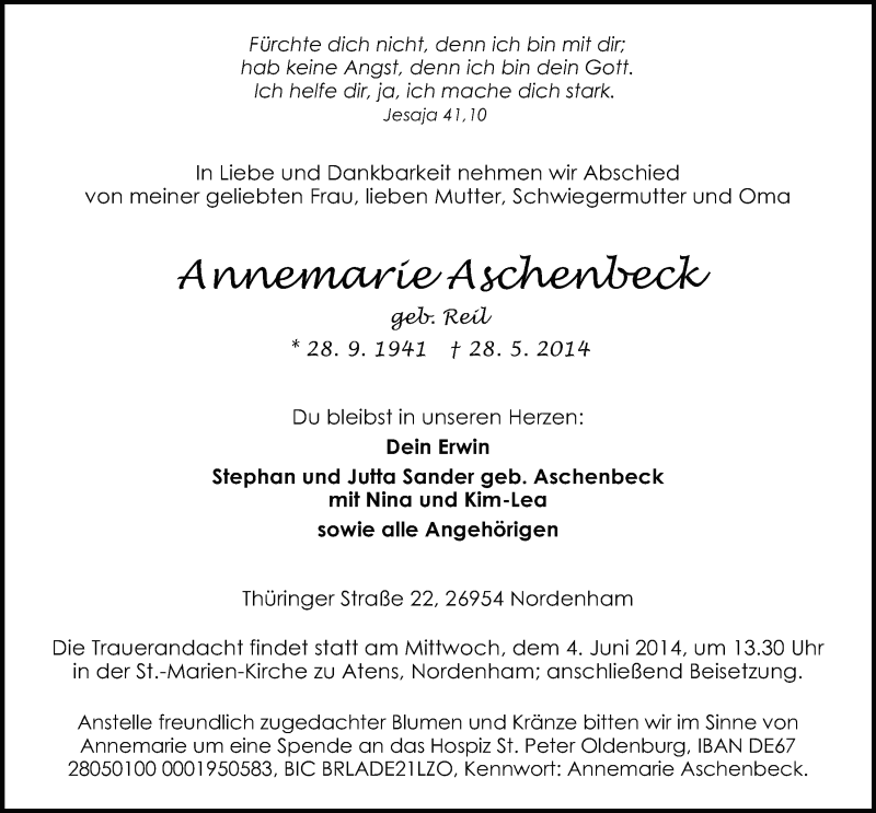  Traueranzeige für Annemarie Aschenbeck vom 31.05.2014 aus Nordwest-Zeitung